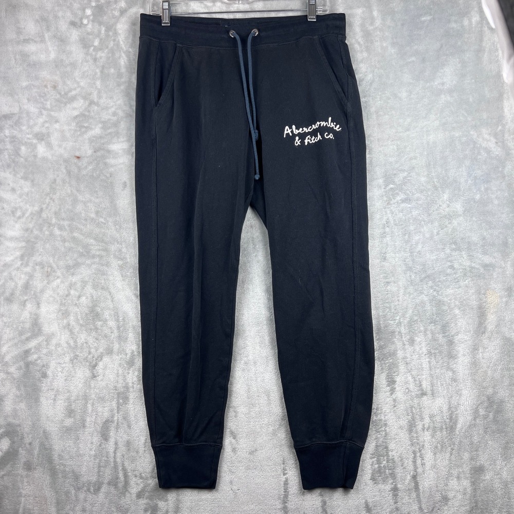 Abercrombie & Fitch Mens Medium Black Fleece Jogger Sweatpants Embroidered Logo - Picture 2 of 10